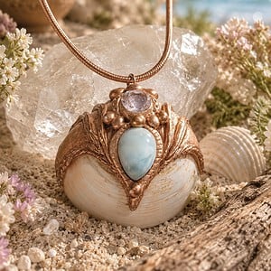 RVS slangenketting met hanger van schelp met Larimar en kristal