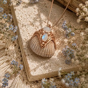 Slangenketting met hanger van schelp met regenboog maansteentjes