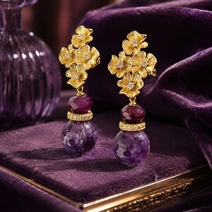 Amethist & Paarse Agaat Gouden Bloem Clip Oorbellen