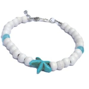 Armband met houten kralen, turquoise tijgeroog, turquoise zeester. Handgemaakt polsband, boho chic, Ibiza strand sieraad, wit, blauw, bruin