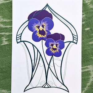 Art Nouveau Flower A6 Kaart, Paarse Viooltjes Bloemen, Potlood Tekening