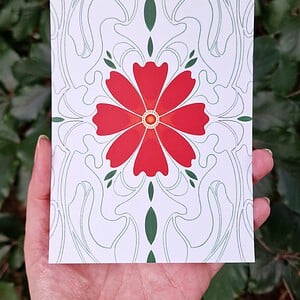 Art Nouveau Flower A6 Kaart, Rode Bloem, Groene Decoratie Potlood Tekening