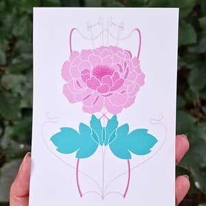 Art Nouveau Flower A6 Kaart, Roze Pioenroos Bloem, Turquoise Bladeren Potlood Tekening