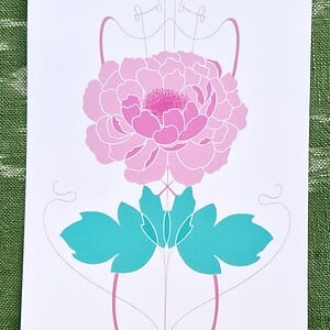 Art Nouveau Flower A6 Kaart, Roze Pioenroos Bloem, Turquoise Bladeren Potlood Tekening
