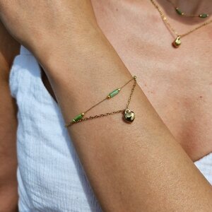 Dubbele Armband RVS 16K Goud Verguld – Groen & Hartje
