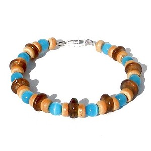 Herenarmband turquoise tijgeroogkralen, bruine gerecyclede glasschijven, beige kokoskralen. Handgemaakte polsband mannen, magneetsluiting