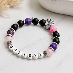 Natuursteen Believe Armband | Rozenkwarts, Zwarte Agaat