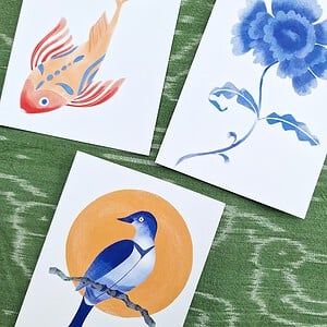 Set van 3 Aziatische Stijl Aquarel Kaarten, Vis, Bloem en Vogel