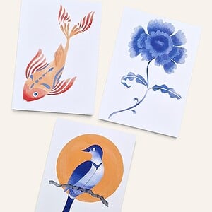 Set van 3 Aziatische Stijl Aquarel Kaarten, Vis, Bloem en Vogel