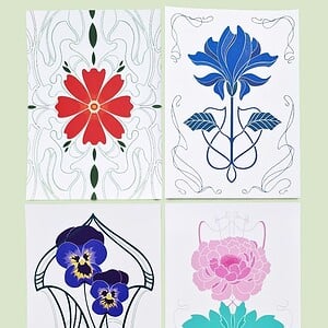 Set van 4 Art Nouveau Bloemen Kaarten