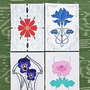 Set van 4 Art Nouveau Bloemen Kaarten