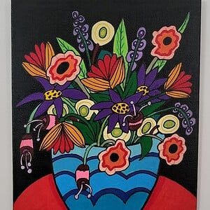 Canvas 21x15 'De blauwe bloempot' origineel acryl schilderij