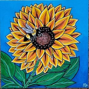 Canvas 'Zonnebloem met bij' origineel acrylschilderij 20x20