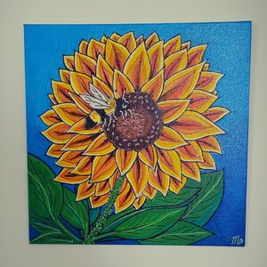 Canvas 'Zonnebloem met bij' origineel acrylschilderij 20x20