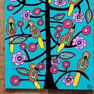 Canvas 'Zwarte boom met vogels' origineel acryl schilderij 21x15