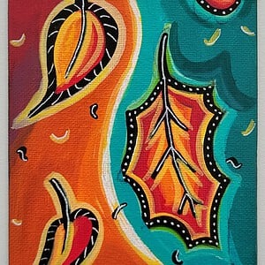 Canvasje 'Vallende herfstbladeren' Origineel acrylschilderij 10x15