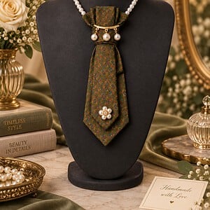Chique groen paisley stropdas ketting dames – luxe accessoire met broche Eye catcher