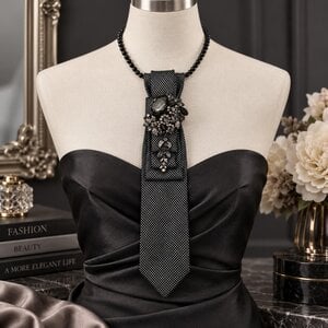 Chique zwart grijze stropdas ketting dames – luxe accessoire met broche en parel ketting Eye catcher