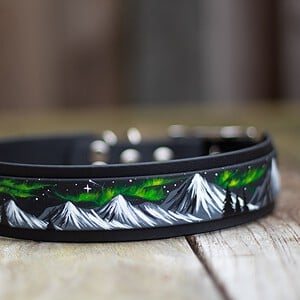 Hand gemaakte en hand geschilderde Noorderlicht geinspireerde Biothane honden halsband. 38mm breed