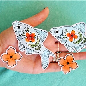 Hand getekende Sticker Set, Blauw Oranje Vissen en Bloemen