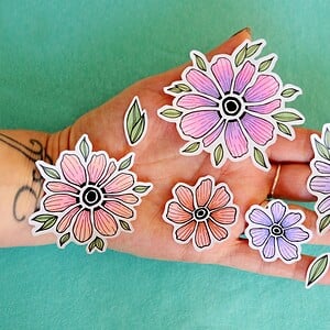 Hand getekende Sticker Set, Kleurrijke Bloemen en Blaadjes