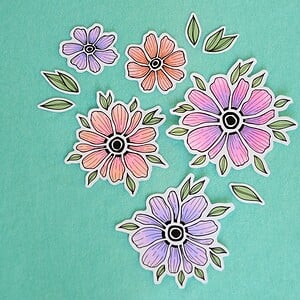 Hand getekende Sticker Set, Kleurrijke Bloemen en Blaadjes