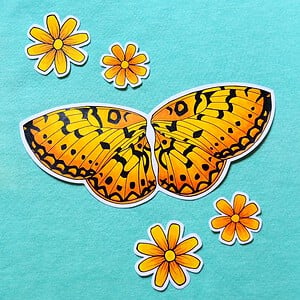 Hand getekende Sticker Set, Oranje Vlinder Vleugels, Bloemen