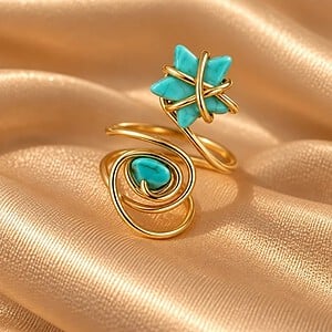 Handgemaakte Goudkleurige Spiraalring met Turquoise Ster en Steen | Boho Statement Ring