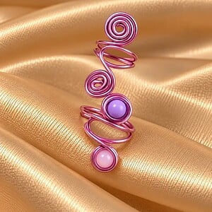 Handgemaakte Roze Spiraalring met Lila en Roze Kralen | Verstelbare Statement Ring