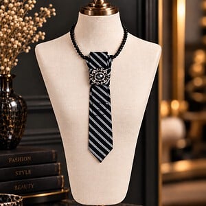 Handgemaakte stropdas ketting zwart/wit streepbroche – statement sieraad - tie necklace