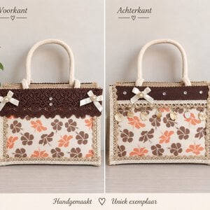 Jutetas met bloemenprint in bruin en oranje