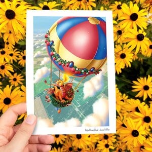 Hot air balloon dragon fantasie illustratie, art print, 14,8x21 cm(5.8x8.2 inch)