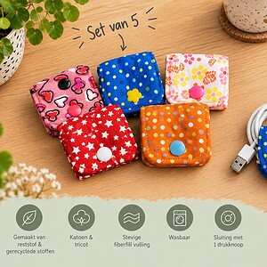 Kabelhouder set van 5 diverse kleuren – genaaide kabel organizer van reststof