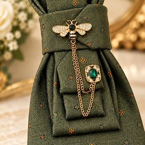Unieke handgemaakte stropdasketting groen met vlieg | Statement tie necklace | Upcycled tie jewelry