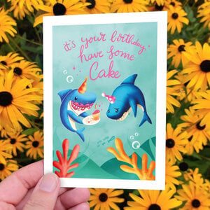 Verjaardags kaart, it's your birthday, have some cake grappige haaien kaart A6