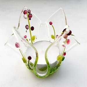 Waxinelicht houder, handgemaakt glas met roze bloemen groot