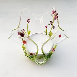 Waxinelicht houder, handgemaakt glas met roze bloemen groot