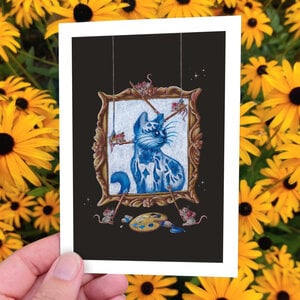 Wens kaart Delfs blauw poes schilderij met muisjes