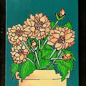 Canvas 15x10 'Bloempot met dahlia' origineel acrylschilderij