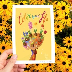 Color your life lente bloemen op schilders pallette , art print, 14,8x21 cm(5.8x8.2 inch)