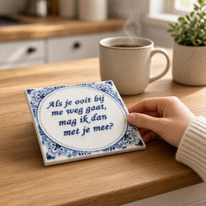 Delfts blauw tegeltje met tekst – Als je ooit bij me weg gaat, mag ik dan met je mee– 15 x 15 cm
