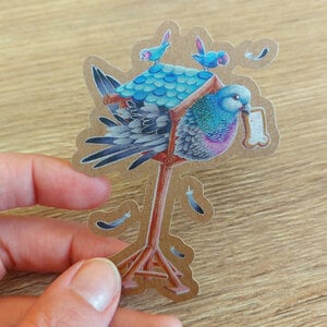 Duif in vogelhuisje kraftpapier sticker