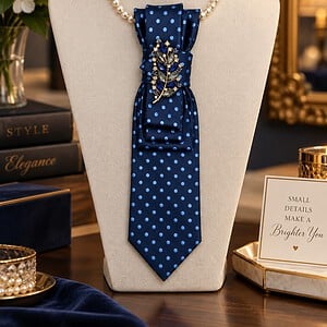 Elegante blauwe stropdas ketting met broche – handgemaakt dames sieraad
