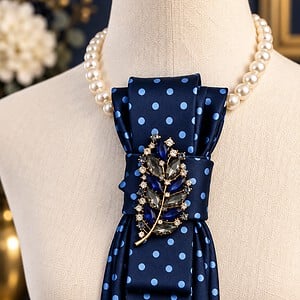 Elegante blauwe stropdas ketting met broche – handgemaakt dames sieraad