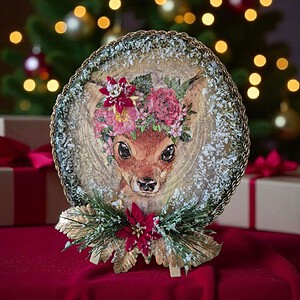 Forest Glow – Handgemaakt Houten Winterbord met Hert Ø15 cm