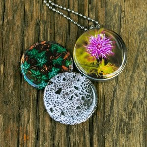 Fotomedaillon ketting met 3 verschillende verwisselbare voorkanten met close up foto`s van bloemen,paddestoel en planten van de herfst.