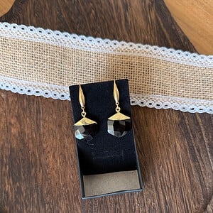 Stainless steel goudkleurige oorbel met prachtige zwarte natuursteenbedel