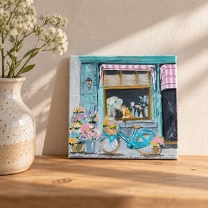 Handgeschilderd tegeltje – De bloemenwinkel | 10 × 10 cm