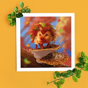 Herfst blad egel, gevouwen verjaardags kaart, 135x135mm