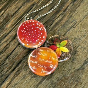 Herfst ketting/medaillon, ketting met close up foto`s van herfst in rood geel en oranje.